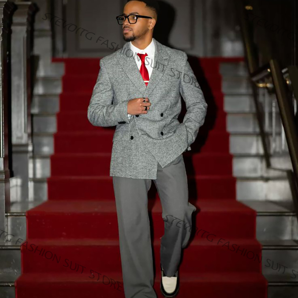 Men'S Formal Evening Wear - Casual Textured Men's Grey Double Breasted